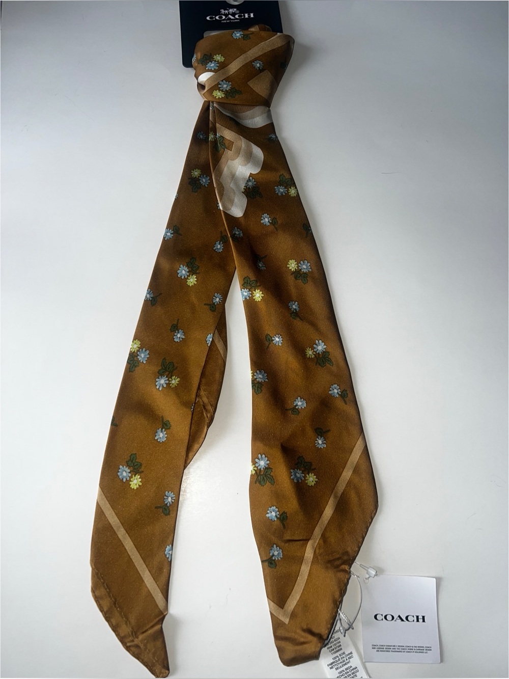 Coach Brown Floral Silk Scarf Tie with Blue and Yellow Accents